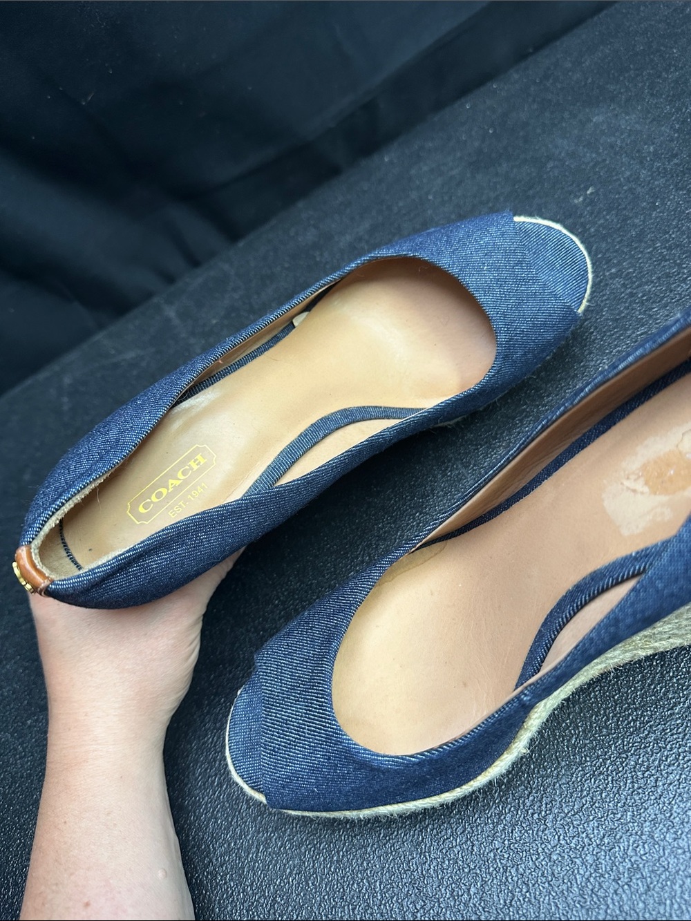 Coach Navy Denim Espadrille Wedges with Tan Leather Trim - Picture 5 of 9